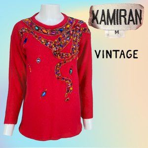 VTG Red KAMIRAN Beaded Lambswool Angora Sweater Sz Medium